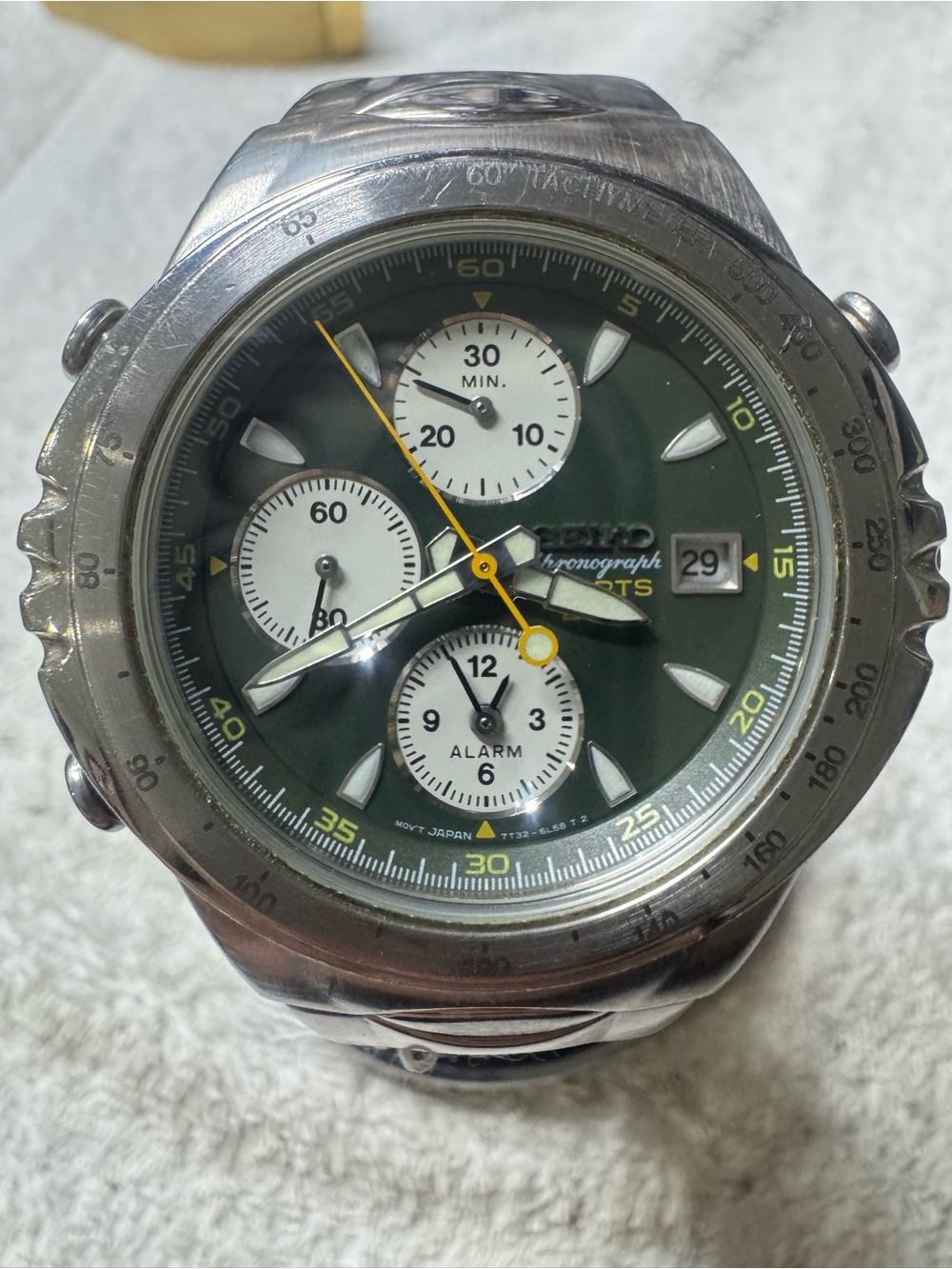 Seiko Chronograph Watch - Green Dial with Yellow Accents